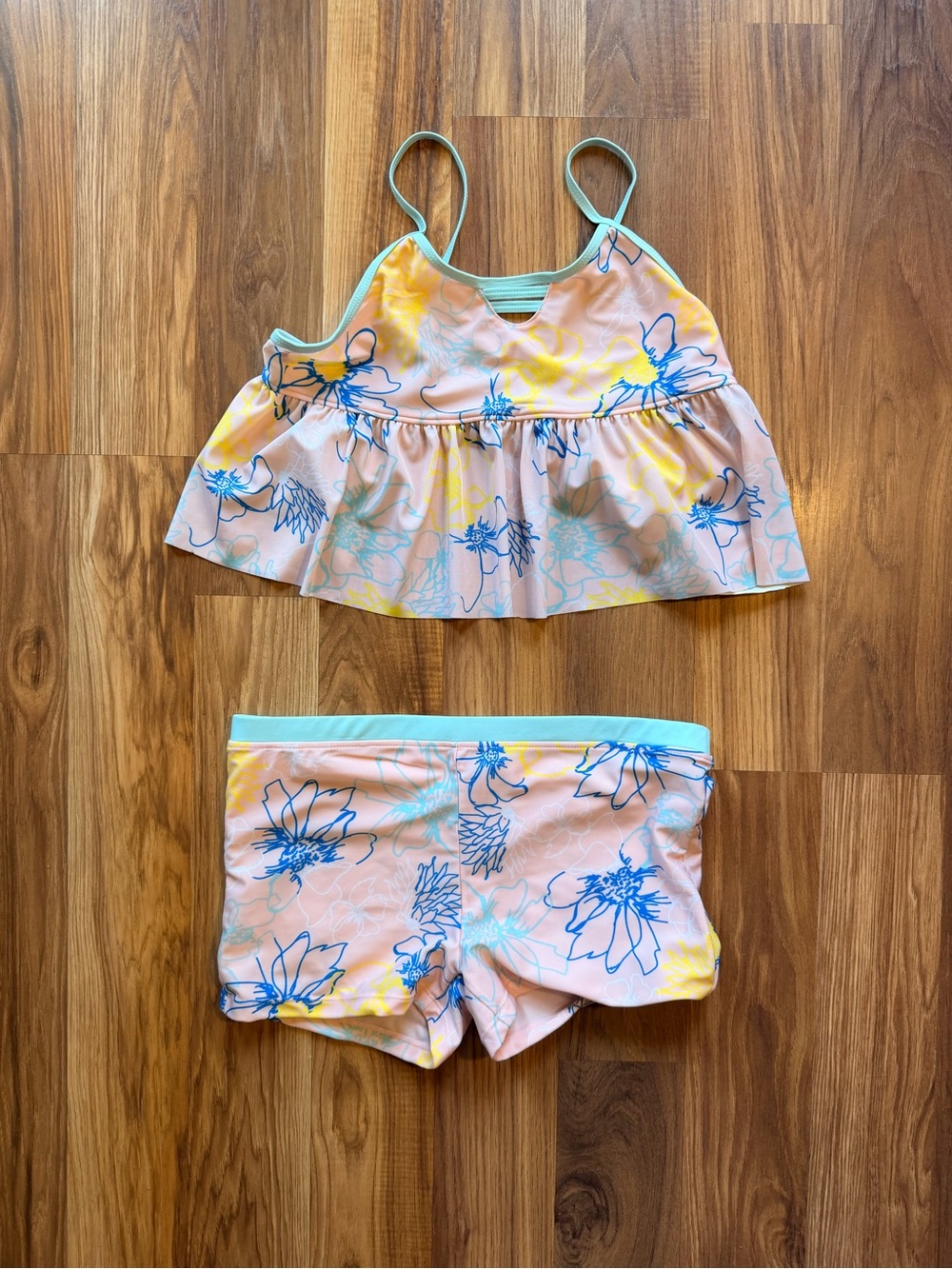 XXL Ideology Girls Pink Floral Tankini with Blue and Yellow Accents shorts